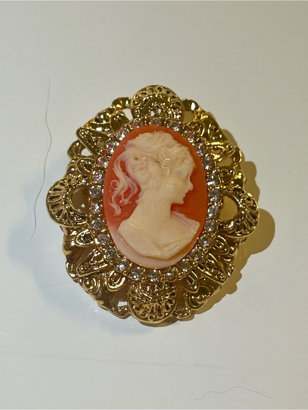 Vintage Victorian Style Cameo Brooch • Gold Tone Filigree & Rhinestones •